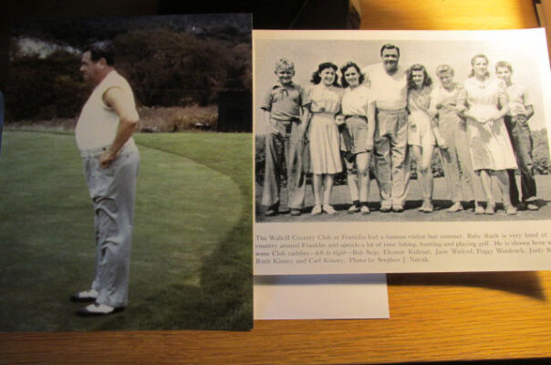 The caption reads: The Wallkill Country Club at Franklin had a famous visitor last summer. Babe Ruth is very fond of the country around Franklin and spends a lot of time fishing, hunting, and playing golf. He is shown here with some Club caddies-left to right--Bob Seip, Eleanor Kulesar, Jane Weitzel, Peggy Woolcork, Judy S, Ruth Kinney and Carl Kinney. Photo by Stephen J. Novak.
