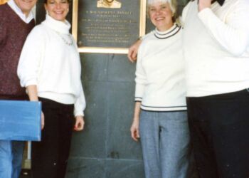 Mantle and his companion Greer Johnson pose with Mike and Katy Klepfer beside a replica of his plaque in Monument Park at Yankee Stadium. Photo: Courtesy of Mike Klepfer