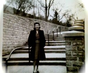 She waited for at the entrance to Franz Sigel Park across the street from her apartment. In 1944, my mother, who lived with her parents while my father was in the Army, posed on the steps of Franz Sigel Park. "Not bad, your wife," she wrote.